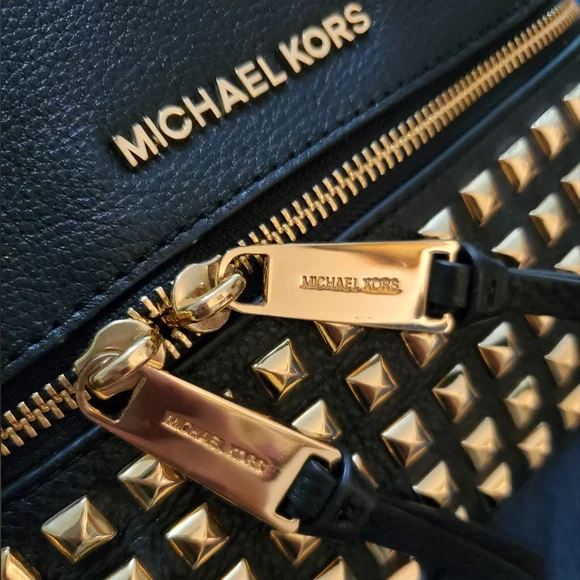 MICHAEL KORS Rhea Medium Black Studded Pebbled Leather Gold Details Backpack - Picture 5 of 17